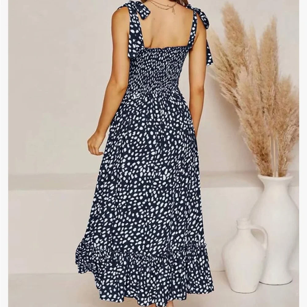 Navy blue and white smock dress with adjustable straps - Picture 2 of 11